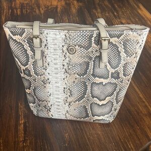 Anne Klein Snake-Embossed Tote in Gray and Cream